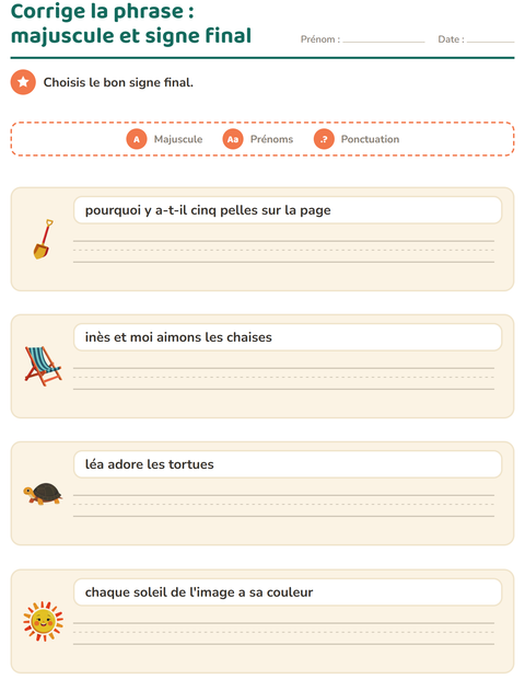 Aperçu de la fiche Majuscules et ponctuation avec Plage pour CE1 (cours élémentaire 1)