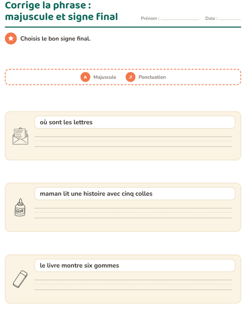 Aperçu de la fiche Majuscules et ponctuation avec Éducation NB pour CE1 (cours élémentaire 1)