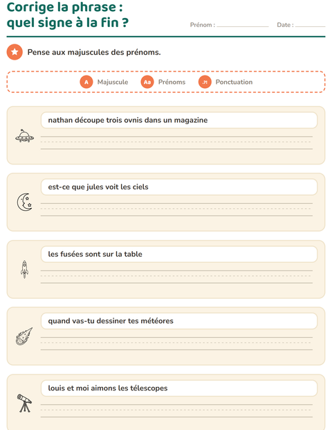 Aperçu de la fiche Majuscules et ponctuation avec Espace NB pour CE1 (cours élémentaire 1)