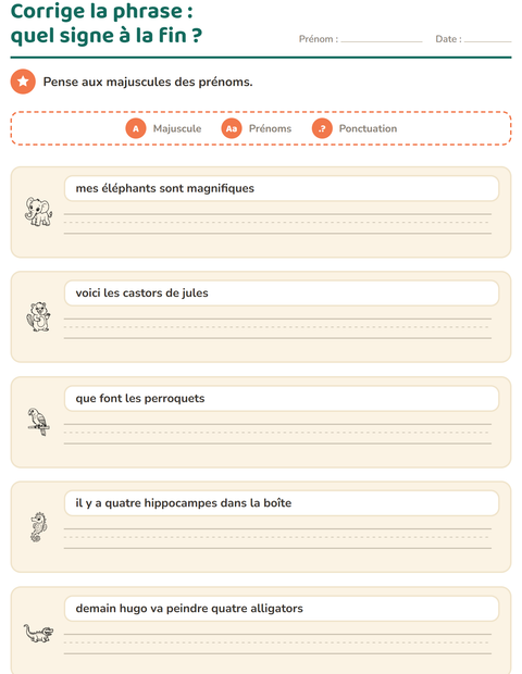 Aperçu de la fiche Majuscules et ponctuation avec Animaux NB pour CE1 (cours élémentaire 1)