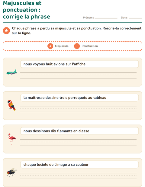 Aperçu de la fiche Majuscules et ponctuation avec Choses qui volent pour CE1 (cours élémentaire 1)