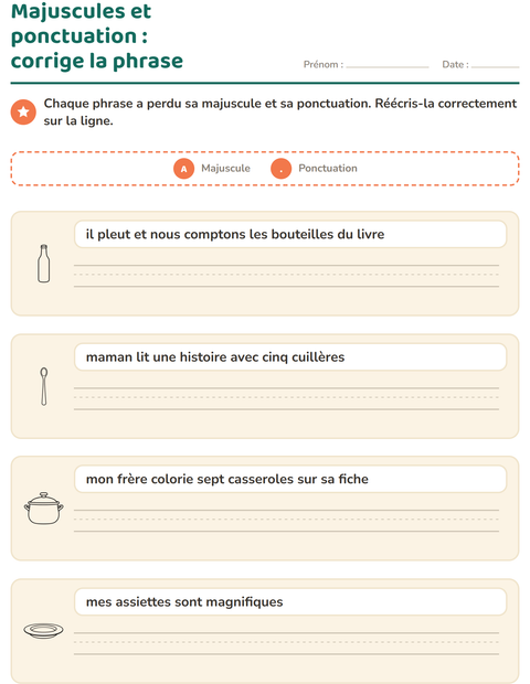 Aperçu de la fiche Majuscules et ponctuation avec Cuisine NB pour CE1 (cours élémentaire 1)