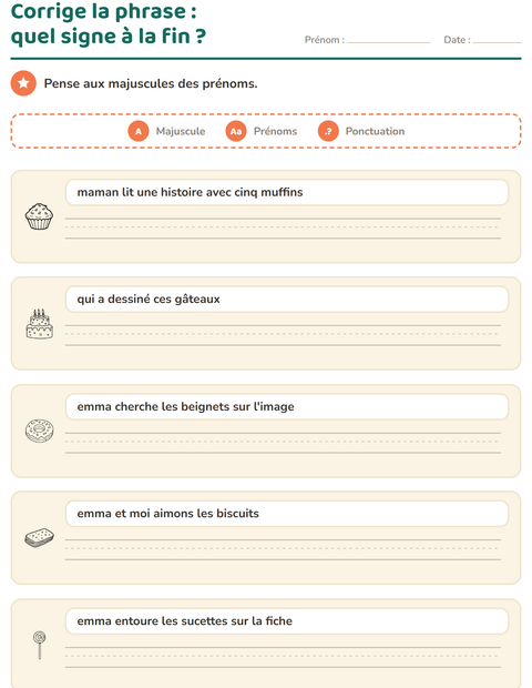 Aperçu de la fiche Majuscules et ponctuation avec Dessert (N&B) pour CE1 (cours élémentaire 1)