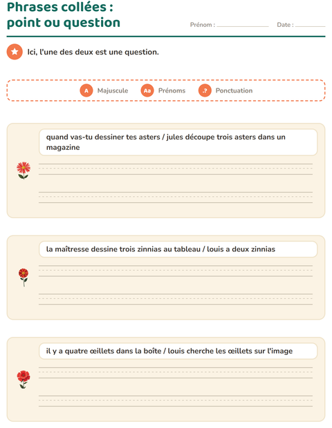 Aperçu de la fiche Majuscules et ponctuation avec Fleurs pour CE1 (cours élémentaire 1)
