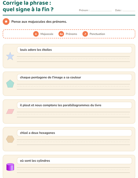 Aperçu de la fiche Majuscules et ponctuation avec Formes pour CE1 (cours élémentaire 1)