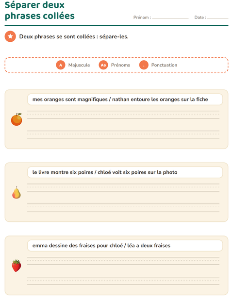 Aperçu de la fiche Majuscules et ponctuation avec Fruits pour CE1 (cours élémentaire 1)
