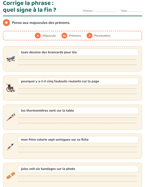 Aperçu de la fiche Majuscules et ponctuation avec Hôpital pour CE1 (cours élémentaire 1)