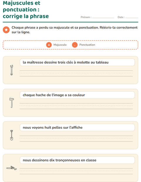 Aperçu de la fiche Majuscules et ponctuation avec Outils NB pour CE1 (cours élémentaire 1)