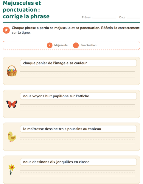 Aperçu de la fiche Majuscules et ponctuation avec Pâques pour CE1 (cours élémentaire 1)