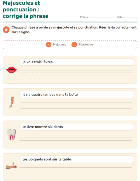 Aperçu de la fiche Majuscules et ponctuation avec Parties du corps pour CE1 (cours élémentaire 1)