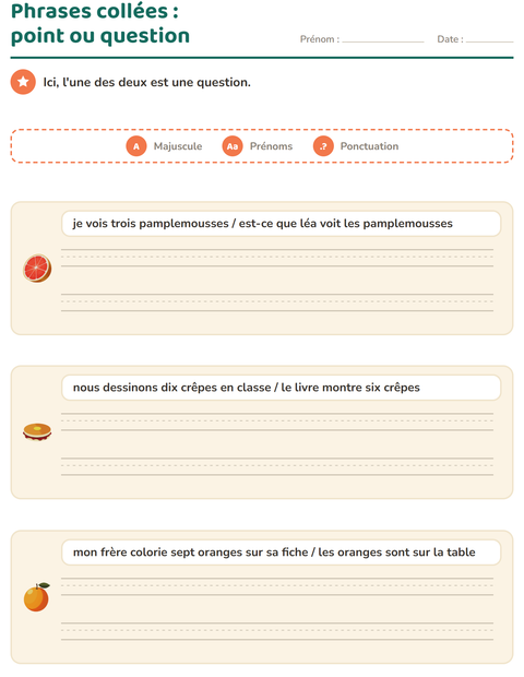 Aperçu de la fiche Majuscules et ponctuation avec Petit-déjeuner pour CE1 (cours élémentaire 1)