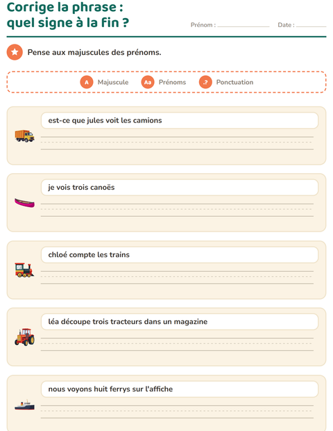 Aperçu de la fiche Majuscules et ponctuation avec Véhicules pour CE1 (cours élémentaire 1)