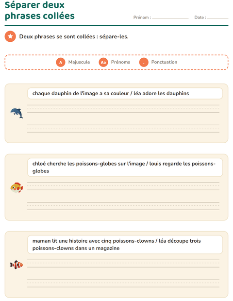 Aperçu de la fiche Majuscules et ponctuation avec Vie océanique pour CE1 (cours élémentaire 1)