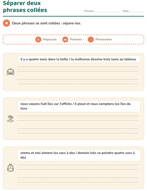 Aperçu de la fiche Majuscules et ponctuation avec Voyages et Vacances NB pour CE1 (cours élémentaire 1)