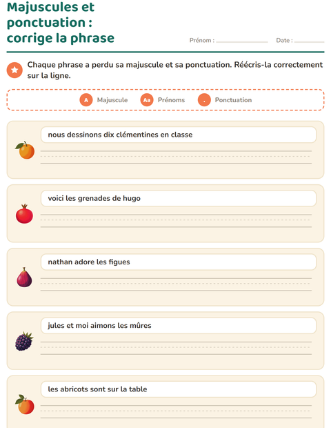 Aperçu de la fiche Majuscules et ponctuation avec Fruits pour CE1 (cours élémentaire 1)