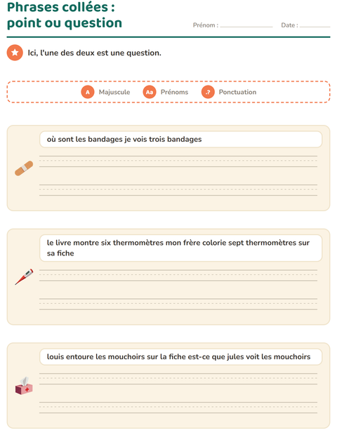 Aperçu de la fiche Majuscules et ponctuation avec Hôpital pour CE1 (cours élémentaire 1)