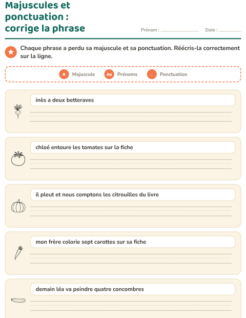 Aperçu de la fiche Majuscules et ponctuation avec Légumes NB pour CE1 (cours élémentaire 1)