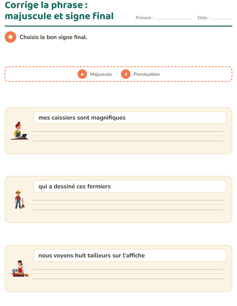 Aperçu de la fiche Majuscules et ponctuation avec Métiers pour CE1 (cours élémentaire 1)