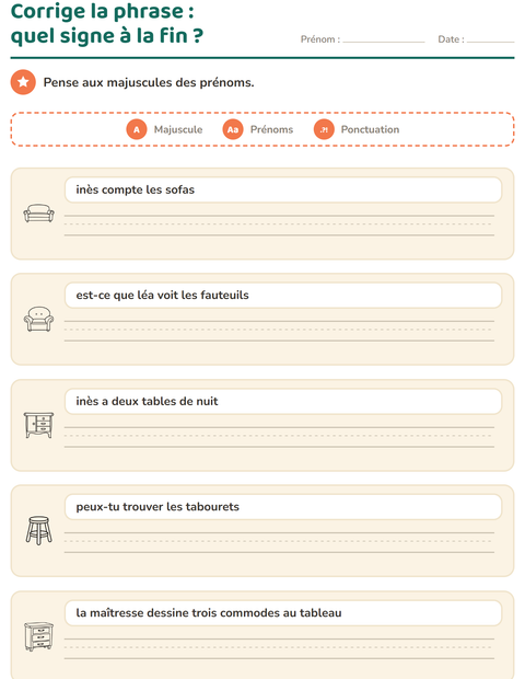 Aperçu de la fiche Majuscules et ponctuation avec Meubles NB pour CE1 (cours élémentaire 1)