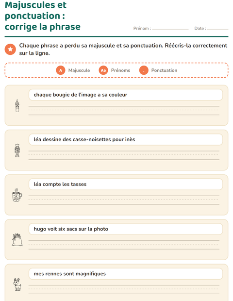 Aperçu de la fiche Majuscules et ponctuation avec Noël N&B 2 pour CE1 (cours élémentaire 1)