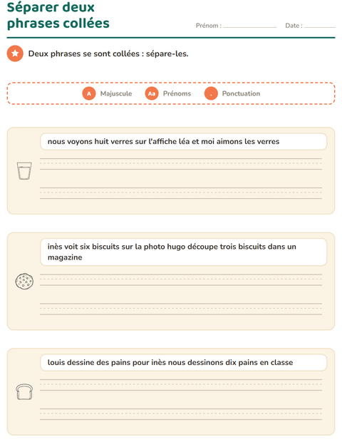 Aperçu de la fiche Majuscules et ponctuation avec Nourriture NB 3 pour CE1 (cours élémentaire 1)