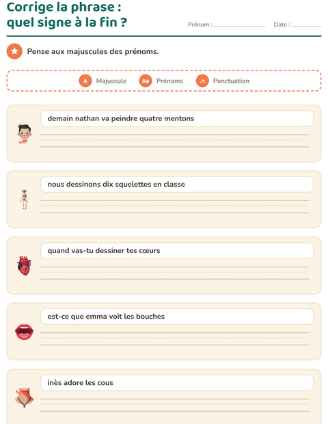 Aperçu de la fiche Majuscules et ponctuation avec Parties du corps pour CE1 (cours élémentaire 1)