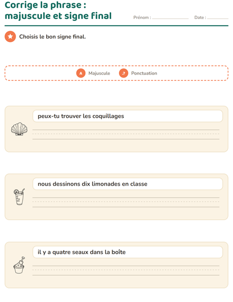 Aperçu de la fiche Majuscules et ponctuation avec Plage NB pour CE1 (cours élémentaire 1)