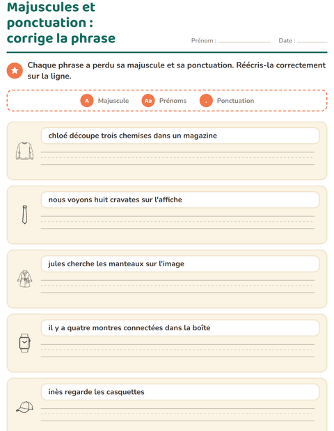 Aperçu de la fiche Majuscules et ponctuation avec Vêtements NB pour CE1 (cours élémentaire 1)