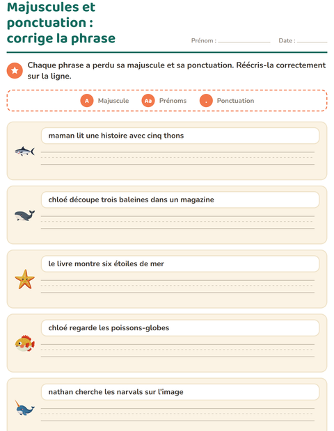 Aperçu de la fiche Majuscules et ponctuation avec Vie océanique pour CE1 (cours élémentaire 1)