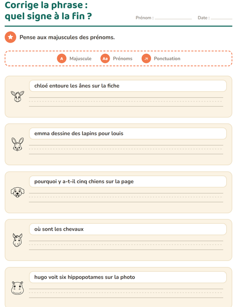 Aperçu de la fiche Majuscules et ponctuation avec Visages NB pour CE1 (cours élémentaire 1)