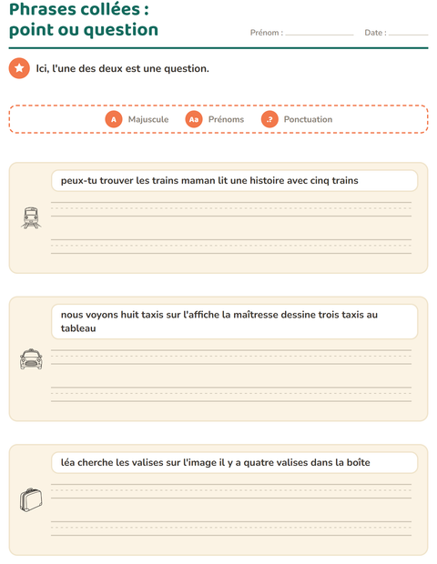 Aperçu de la fiche Majuscules et ponctuation avec Voyages et Vacances NB pour CE1 (cours élémentaire 1)