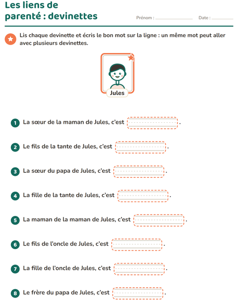 Aperçu de la fiche Les membres de la famille pour CE1 (cours élémentaire 1)
