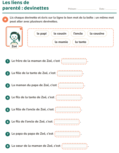 Aperçu de la fiche Les membres de la famille pour CE1 (cours élémentaire 1)