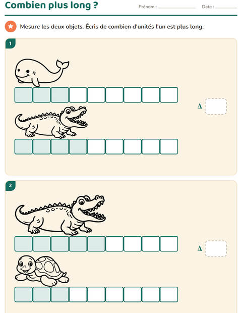 Aperçu de la fiche Mesures avec Animaux NB 5 pour CE1 (cours élémentaire 1)