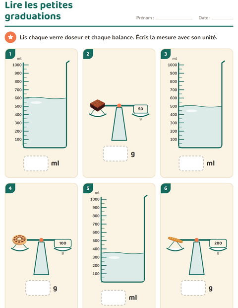 Aperçu de la fiche Mesures avec Boulangerie pour CE1 (cours élémentaire 1)