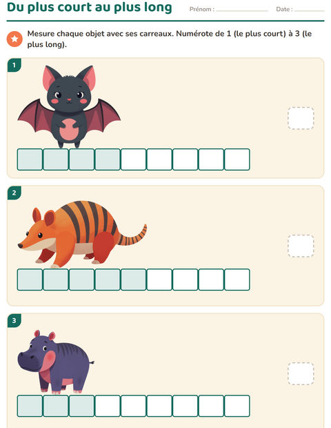 Aperçu de la fiche Mesures avec Animaux du zoo pour CP (cours préparatoire)