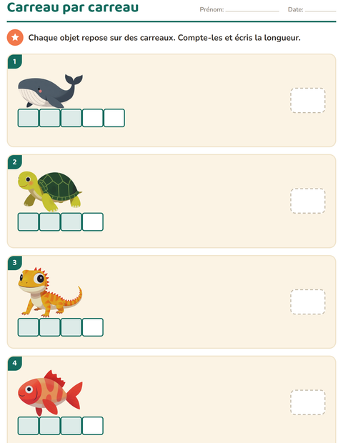 Aperçu de la fiche Mesures avec Animaux pour CP (cours préparatoire)