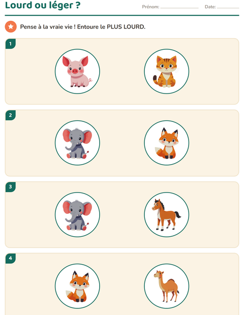 Aperçu de la fiche Mesures avec Animaux pour École maternelle (grande section, 5-7 ans)