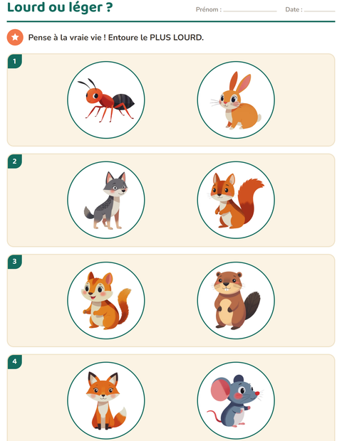 Aperçu de la fiche Mesures avec Créatures de la forêt pour École maternelle (grande section, 5-7 ans)