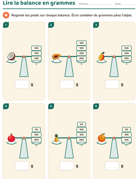 Aperçu de la fiche Mesures avec Fruits pour CE1 (cours élémentaire 1)