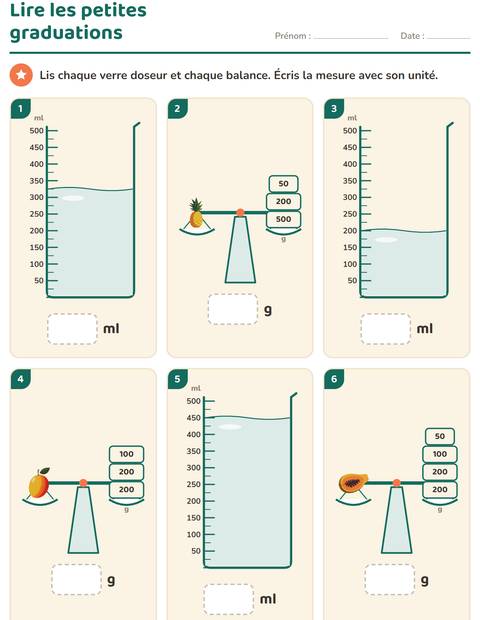 Aperçu de la fiche Mesures avec Fruits pour CE1 (cours élémentaire 1)
