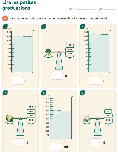 Aperçu de la fiche Mesures avec Légumes pour CE1 (cours élémentaire 1)