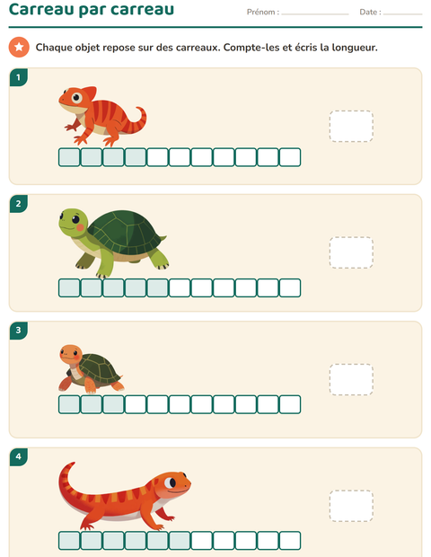 Aperçu de la fiche Mesures avec Reptiles et amphibiens pour CP (cours préparatoire)