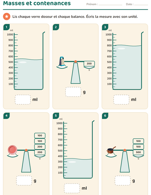 Aperçu de la fiche Mesures avec Ustensiles de cuisine pour CE1 (cours élémentaire 1)