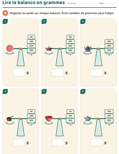 Aperçu de la fiche Mesures avec Ustensiles de cuisine pour CE1 (cours élémentaire 1)