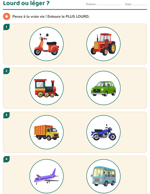 Aperçu de la fiche Mesures avec Véhicules pour École maternelle (grande section, 5-7 ans)