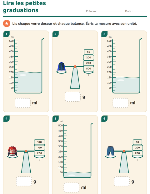 Aperçu de la fiche Mesures avec Vêtements pour CE1 (cours élémentaire 1)