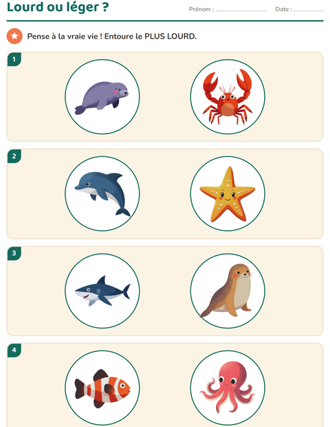 Aperçu de la fiche Mesures avec Vie océanique pour École maternelle (grande section, 5-7 ans)
