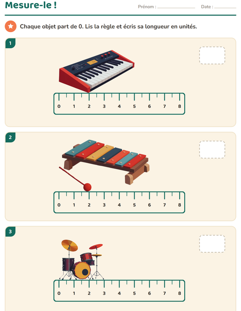 Aperçu de la fiche Mesures avec Musique pour CE1 (cours élémentaire 1)