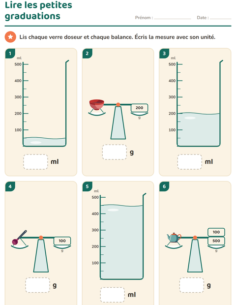 Aperçu de la fiche Mesures avec Ustensiles de cuisine pour CE1 (cours élémentaire 1)